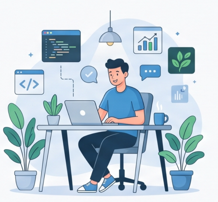 Illustration of a person coding at a desk surrounded by plants and creative icons